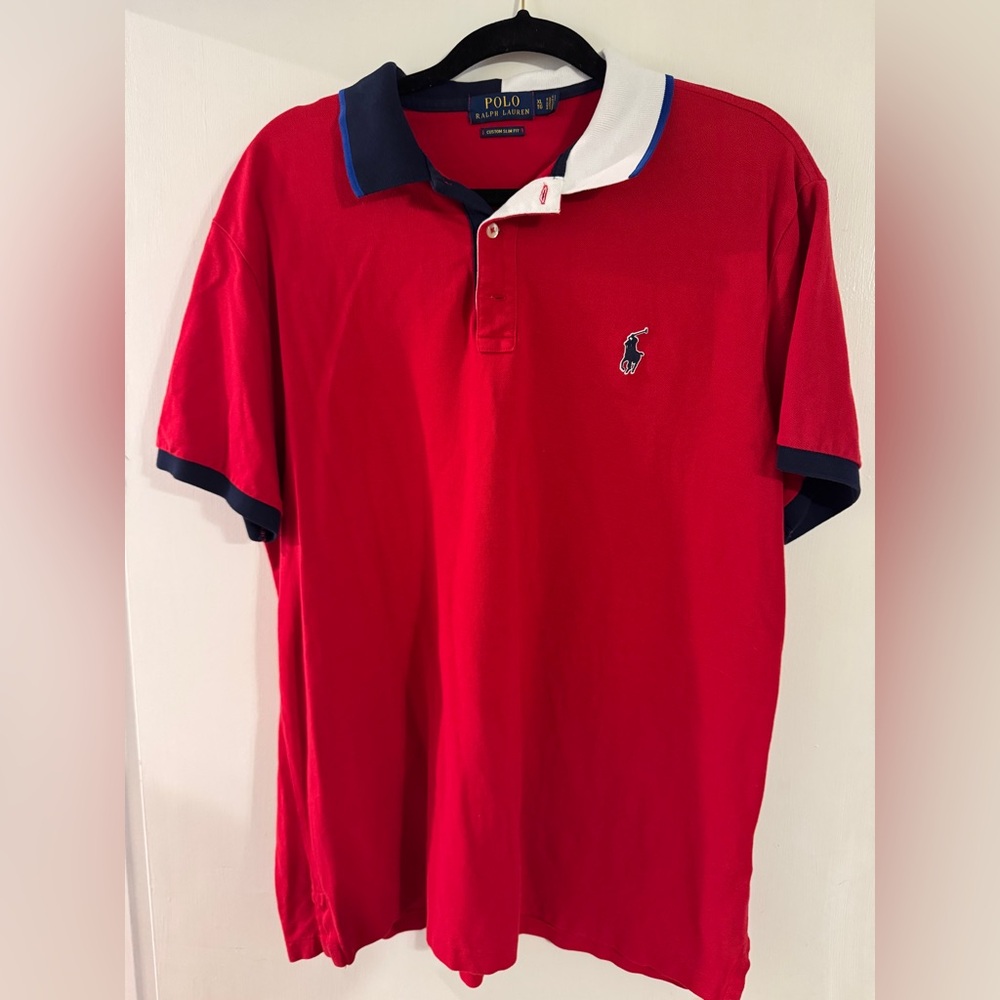 Vintage Ralph Lauren Red Polo Shirt with Navy Accents